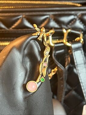 Gold-Tone Vine Climbing Earring with Pink and Green Stones